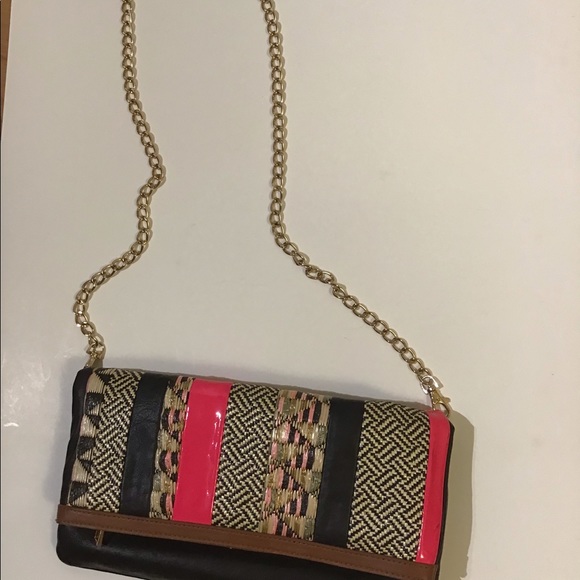 Aldo brown black hot pink textured folding clutch with removable heavy chain - Picture 11 of 14